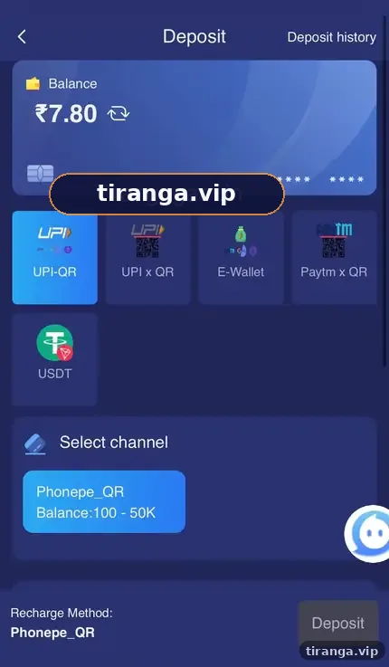 Tiranga Deposit screen with UPI-QR, UPI x QR, E-Wallet, Paytm x QR and USDT payment methods and a Phonepe_QR channel