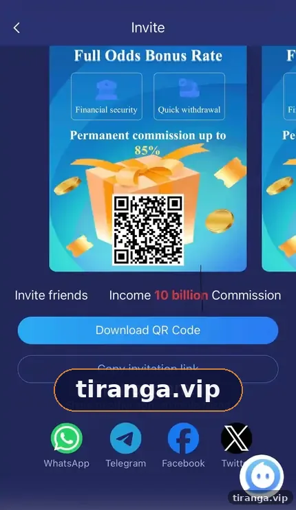 Tiranga Invite screen with Download QR Code, Copy invitation link and share buttons for WhatsApp, Telegram, Facebook and X