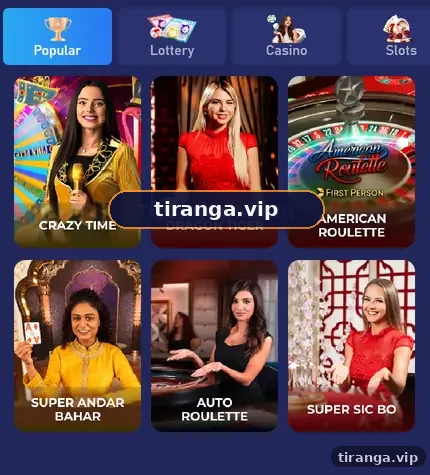 Tiranga Casino section with Crazy Time, Dragon Tiger, American Roulette, Super Andar Bahar, Auto Roulette and Super Sic Bo