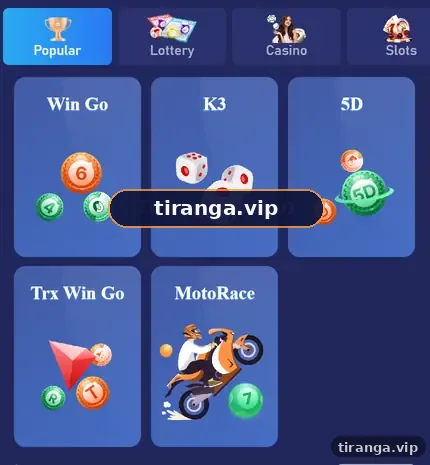 Tiranga Lottery section with Win Go, K3, 5D, Trx Win Go and MotoRace game tiles
