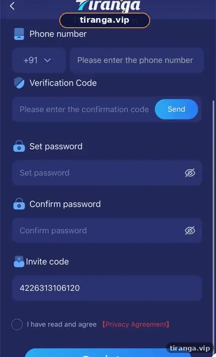 Tiranga register form with +91 phone number, verification code, set password, confirm password and invite code fields