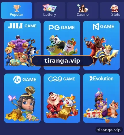 Tiranga Slots section with provider tiles including JILI, PG, NG, MG, CQ9 and Evolution